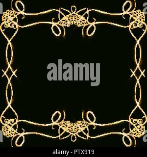 Vector golden frame with hearts effects of light. Preparation for postcard Christmas wedding Shining rectangle. on a black background. Vector illustra Stock Vector