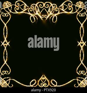 Vector golden frame with hearts effects of light. Preparation for postcard Christmas wedding Shining rectangle. on a black background. Vector illustra Stock Vector