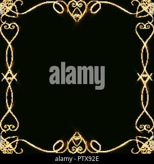 Vector golden frame with hearts effects of light. Preparation for postcard Christmas wedding Shining rectangle. on a black background. Vector illustra Stock Vector