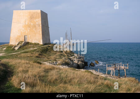 Trabucco La Punta, traditional wooden structure used for fishing, commonly found along the Adriatic coast between Peschici and Vieste. Stock Photo