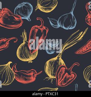 Vector seamless pattern of onions , garlic and peppers. Hand drawn vector illustration Stock Vector