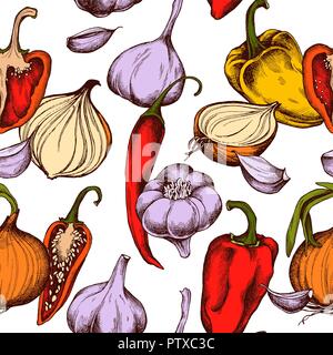 Vector seamless pattern of onions , garlic and peppers. Hand drawn vector illustration Stock Vector