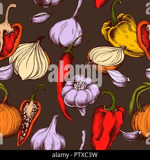 Vector seamless pattern of onions , garlic and peppers. Hand drawn vector illustration Stock Vector