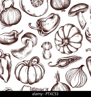 Vector seamless pattern of onions, mushrooms, pumpkins, peppers. Hand drawn vector illustration Stock Vector