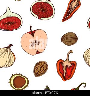 Vector seamless pattern of apples, peppers, onions and walnuts. Hand drawn vector illustration Stock Vector