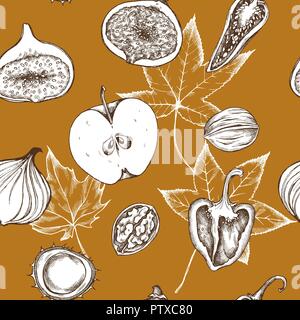 Vector seamless pattern of apples, peppers, onions and walnuts. Hand drawn vector illustration Stock Vector