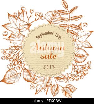 Round Autumn sale paper emblem over autumn leaves. Hand drawn vector illustration Stock Vector