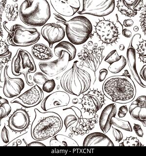 Vector seamless pattern of autumn fruits and vegetables pattern. Hand drawn vector illustration Stock Vector