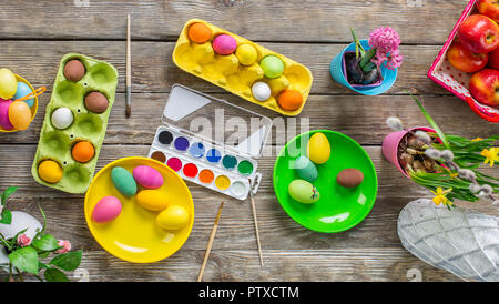 Happy easter, A mother, father and their daughter painting Easter eggs. Happy family preparing for Easter. Stock Photo