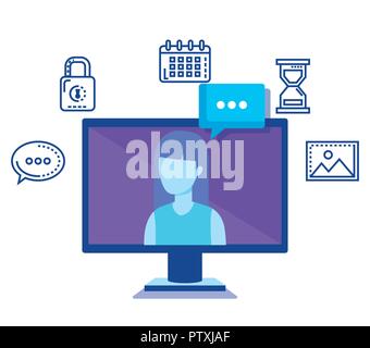 computer with social media icons Stock Vector