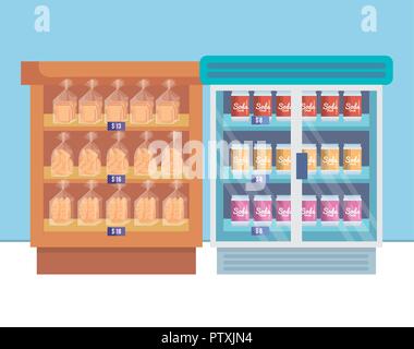 supermarket refrigerator with shelf and products Stock Vector