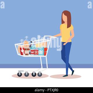 woman with shopping cart and products Stock Vector