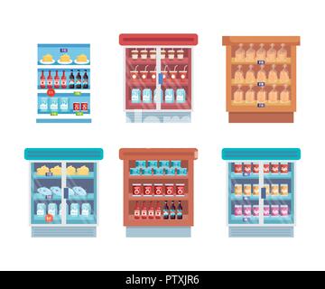 supermarket refrigerator with shelf and products Stock Vector