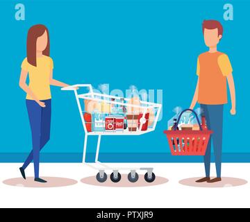 couple with shopping cart and basket Stock Vector