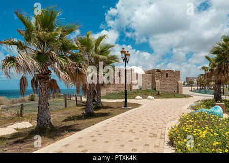 Promenade along Mediterranean sea decorated with palms and flowers as ancient tomb of unknown shah on background in Ashkelon, Israel. Stock Photo
