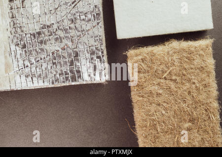 natural fibers building insulation materials samples - thermal insulation concept Stock Photo