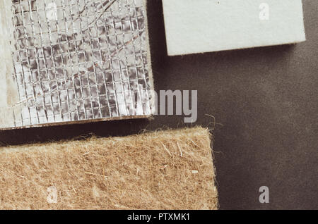 natural fibers building insulation materials samples - thermal insulation concept Stock Photo