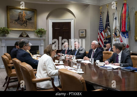 Washington, United States Of America. 05th June, 2019. Vice President Mike Pence meets with Mexican Foreign Minister Marcelo Luis Ebrard and members of the Mexican delegation Wednesday, June 5, 2019, in the Roosevelt Room of the White House People: Vice President Mike Pence, Mexican Foreign Minister Marcelo Luis Ebrard Credit: Storms Media Group/Alamy Live News Stock Photo