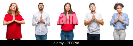 Collage of group chinese, indian, hispanic people over isolated background begging and praying with hands together with hope expression on face very e Stock Photo