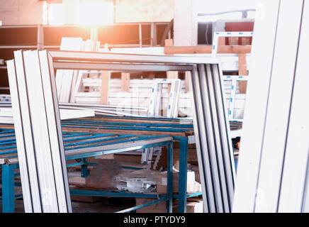 Production of PVC windows, plastic pvc frames, sun, shop Stock Photo