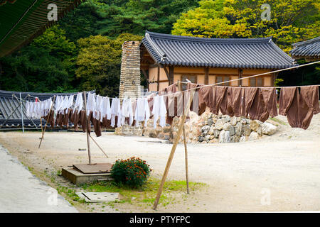 Hang out the wash inside of a Buddhist temple, Woljeongsa Temple Gangwon-do Province, South korea. Stock Photo