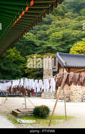 Hang out the wash inside of a Buddhist temple, Woljeongsa Temple Gangwon-do Province, South korea. Stock Photo