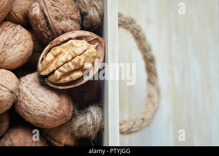 Closeup of whole and kernel walnuts. Top view with copy space Stock Photo
