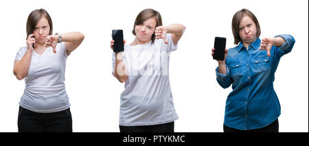 Collage of down sydrome woman using smartphone over isolated background with angry face, negative sign showing dislike with thumbs down, rejection con Stock Photo