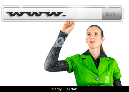 Young woman choosing virtual search bar with www written in it. Stock Photo