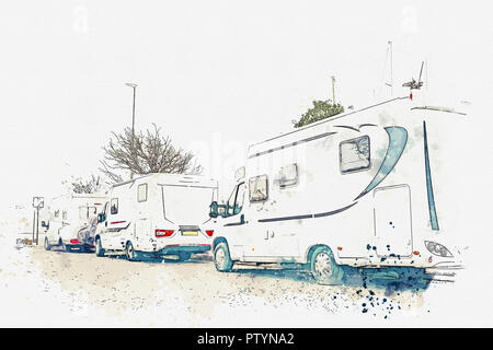 A watercolor sketch or illustration. Parking trailers. Traveling on a house on wheels. Stock Photo