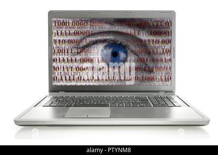 Human eye with digital binary code on laptop monitor. Concept of internet spying and security. Isolated over white background. Stock Photo