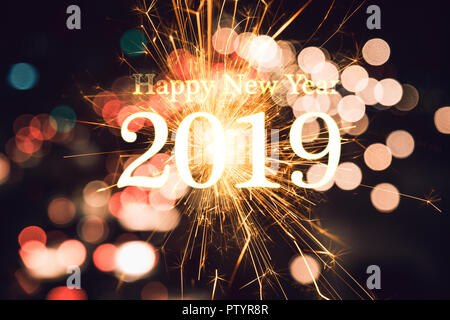 Happy New Year 2019 Word With Fire Sparkle Stock Photo