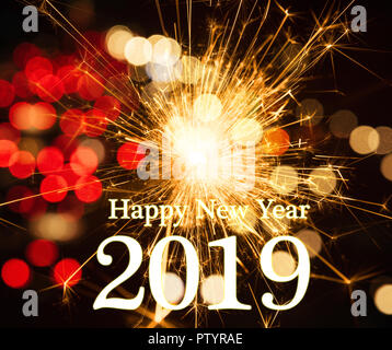 Happy New Year 2019 Word With Fire Sparkle Stock Photo