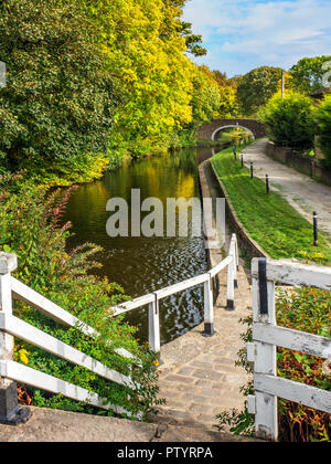 Dowley Gap Packhorse Bridge from the steps at Dowley Gap Locks on the Leeds and Liverpool Canal West Yorkshire England