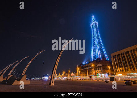 Neon light Blackpool Tower at night, Blackpool, Lancashire, United Kingdom Stock Photo