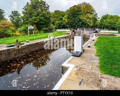 Hirst Lock on the Leeds and Liverpool Canal in early autumn near Saltaire West Yorkshire England