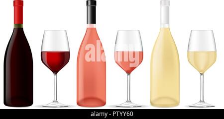 Wine set. Bottles and glasses of different wine Stock Vector
