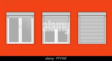 Window shutters on red brick wall Stock Vector