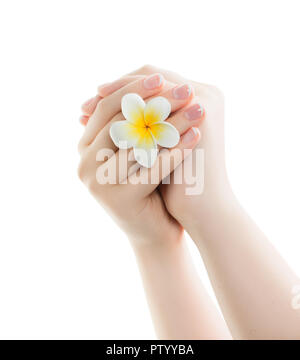 Beautiful woman's hands with light pink manicure on the nails isolated on white background. Manicure and beauty treatment. Stylish trendy female manic Stock Photo