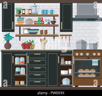 Fashionable and stylish kitchen, a set of kitchen utensils and furniture. Vector illustration on the theme of the interior. Stock Vector