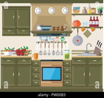 The kitchen is equipped with green cabinets, a stove and kitchenware. Vector illustration. Stock Vector