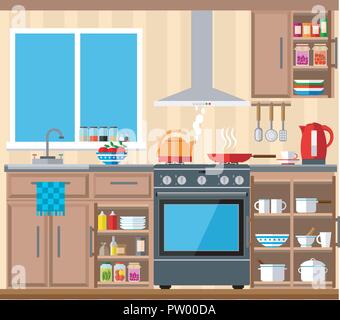 Spacious and bright kitchen with a large window, cabinets, stove and kitchenware. Vector illustration on the theme of the interior. Stock Vector