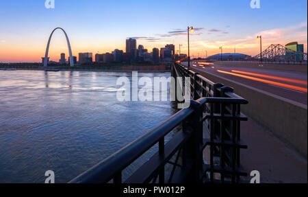 The St. Louis, Missouri skyline and Gateway Arch from Eads Bridge. Stock Photo