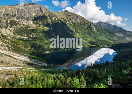 Landscape of High Tatras in the spring. Snowy mountain tops and beautiful sky. Mountain Rysy, Morskie Oko Stock Photo