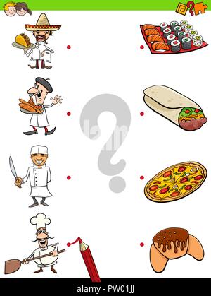 Cartoon Illustration of Educational Pictures Matching Game for Children with Chefs and Food Stock Vector