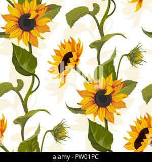 Sunflower vector seamless pattern floral texture on bright background Stock Vector
