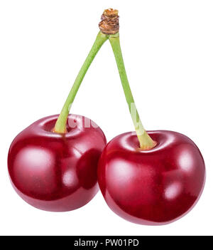 Two red cherries isolated on a white background. File contains clipping path. Stock Photo