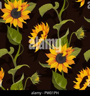 Sunflower vector seamless pattern floral texture on black background Stock Vector