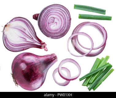 Red onion bulbs, cross sections of onion and spring onion on white background. Stock Photo