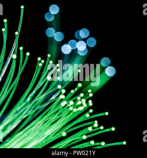 Bundle of optical fibers with green light. Black background. Stock Photo